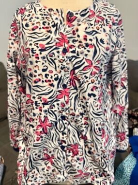 Barco Uniforms Floral & Zebra Print Scrub Jacket in White, Navy & Pink- size Med